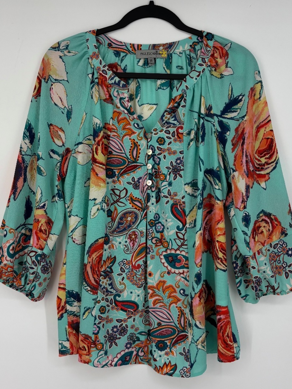 Figueroa & Flower Womens Medium Pullover Blouse Aqua Blue Multi Floral 3/4 Slv
